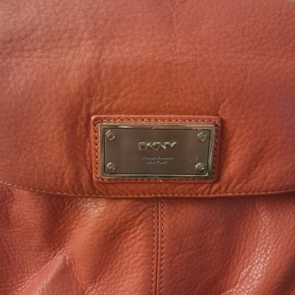 DKNY Orange Leather Shoulder Bag with Brass Accents